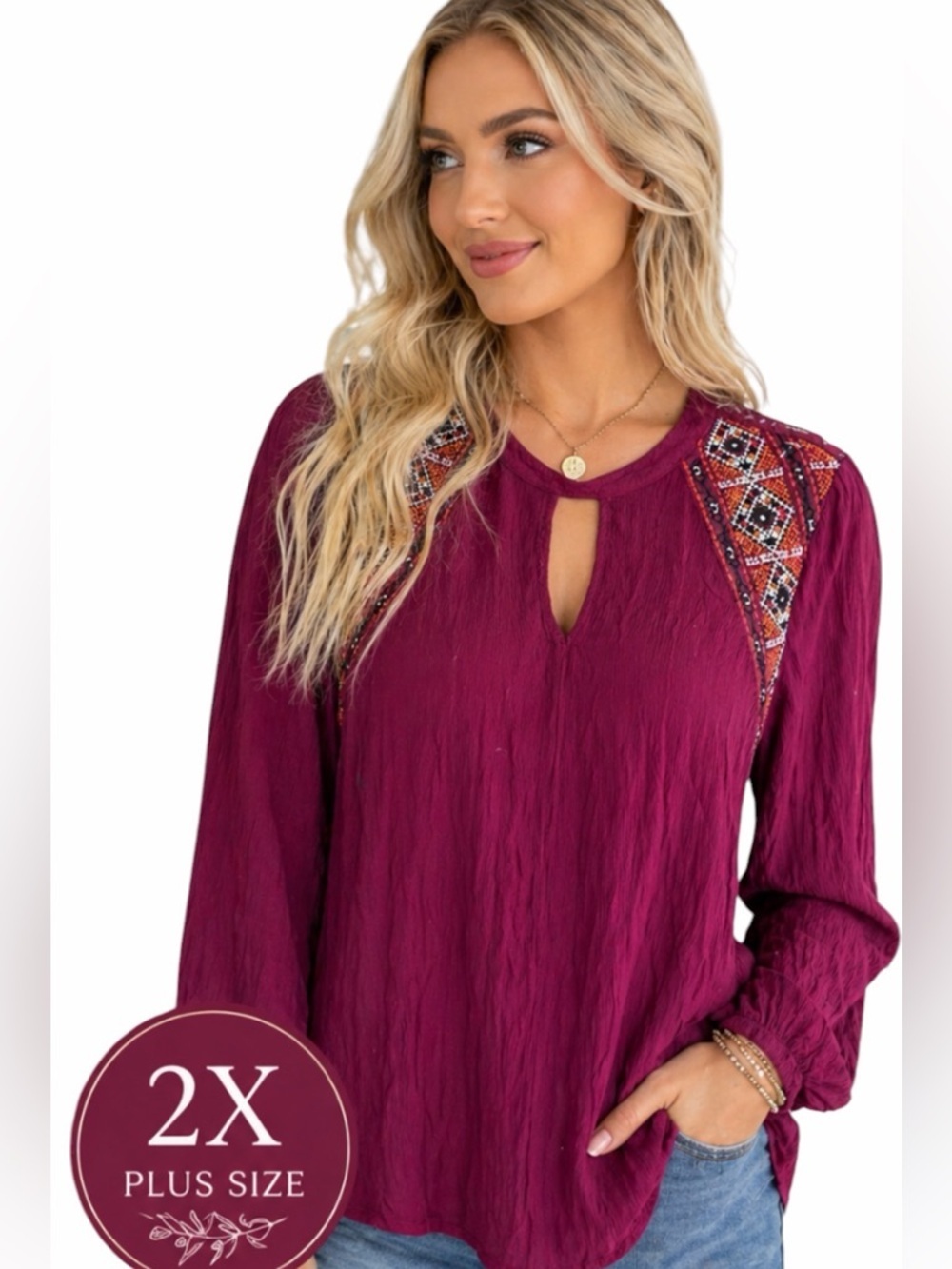 Tanzara Boho Embroidered Blouse 2X Magenta Peasant Top Festival Plus peasant